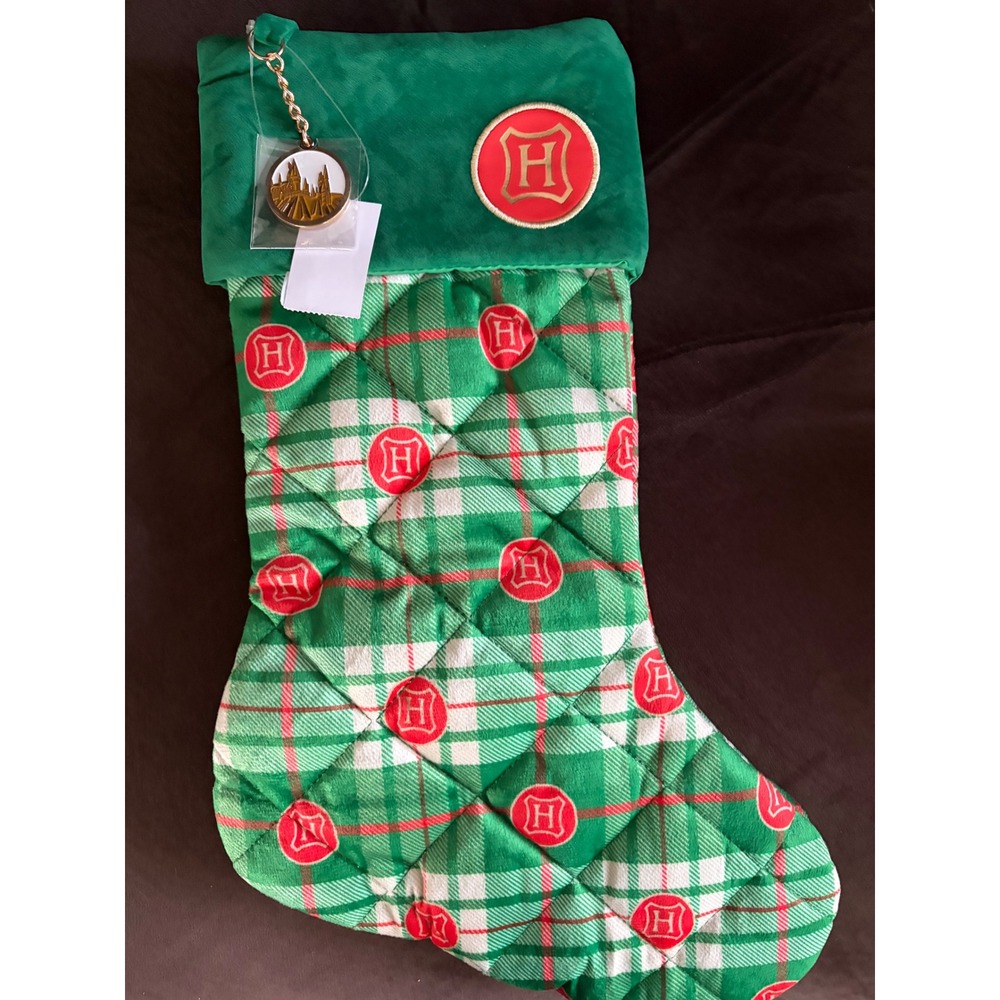 Harry Potter Hogwarts Christmas Stocking Green Plaid Quilted Velvet Cuff Charm